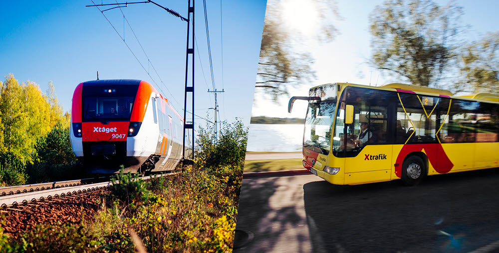 Ett rött och vitt X-tåg med nummer 9047 kör på järnväg till vänster, och en gul och röd X-trafik-buss kör på en väg till höger.