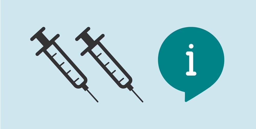 Illustration av två sprutor och en pratbubbla med informations-i.  