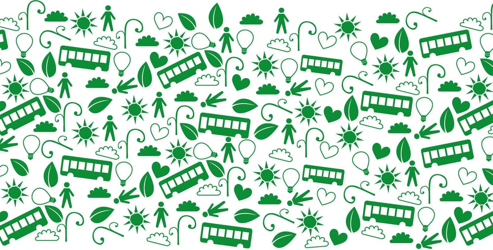 Illustration med människor, träd, hjärtan, bussar, lampor