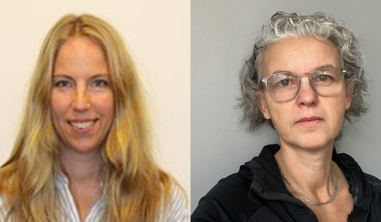 Två porträtt bredvid varandra. Till vänster syns en kvinna med långt, blont hår. Hon ler och har på sig en ljus blus. Till höger syns en kvinna med kort, lockigt grått hår och glasögon.