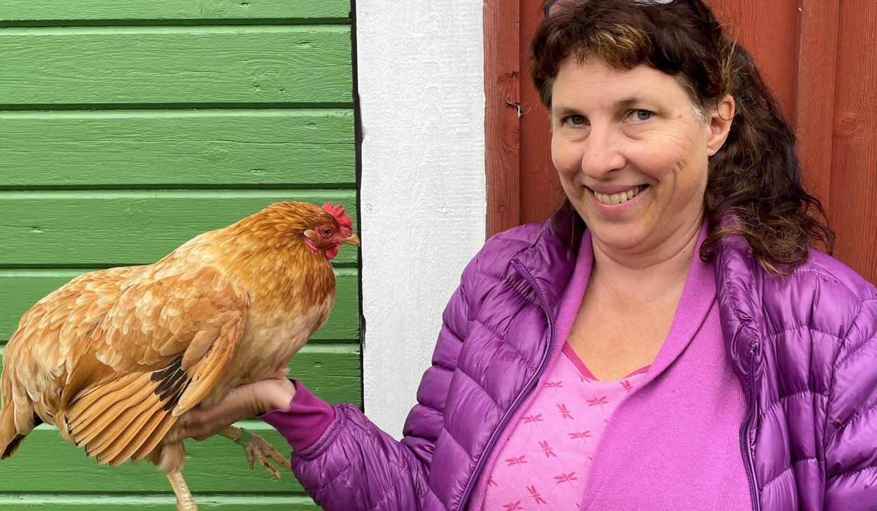 Linn Vadfors, som driver projektet med hönshållning, håller i en höna i sin högra hand.