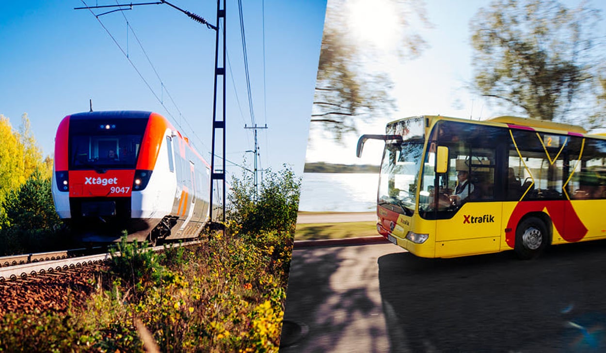 Ett rött och vitt X-tåg med nummer 9047 kör på järnväg till vänster, och en gul och röd X-trafik-buss kör på en väg till höger.